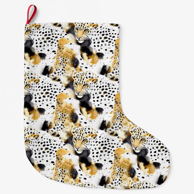 Grande Chaussette De Noël Léopards blancs en or (Devant)