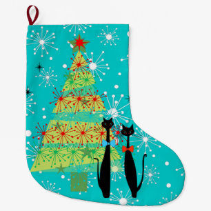 Grande Chaussette De Noël Les chats de Noël modernes de l'ère rétro atomi