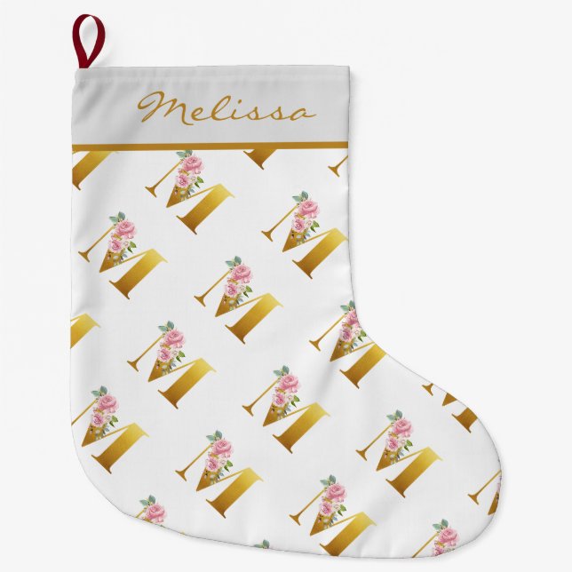 Grande Chaussette De Noël LETTRE MONOGRAPHIQUE Florale M Botanique (Devant)