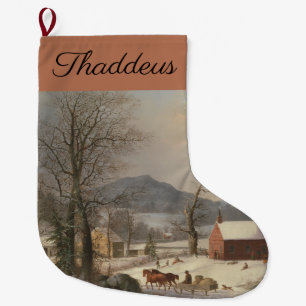 Grande Chaussette De Noël Maison d'école rouge (Scène champêtre) :