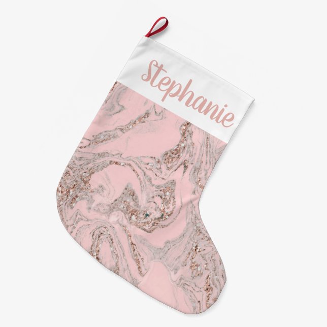 Grande Chaussette De Noël Marbre rose Faux personnalisé (Devant (Accrochage))