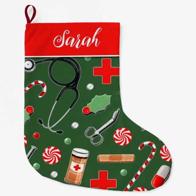 Grande Chaussette De Noël Médecin ou infirmière cadeaux de vacances Gros réc (Devant)