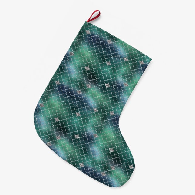 Grande Chaussette De Noël Mermaid Silver Turquoise Ocean Glitz (Devant (Accrochage))