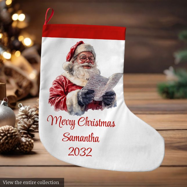 Grande Chaussette De Noël Merry Santa Claus Rustic Custom Name Editable  (Merry Santa Claus Rustic Custom Name Editable Stocking)