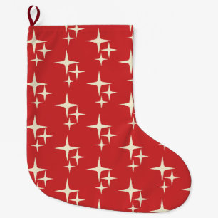 Grande Chaussette De Noël Mi-Siècle moderne Atomique Stars Retro Crème rouge