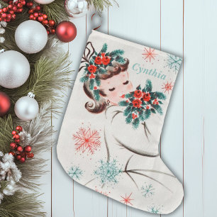 Grande Chaussette De Noël Mi-Siècle Vintage Dame de Noël personnalisée