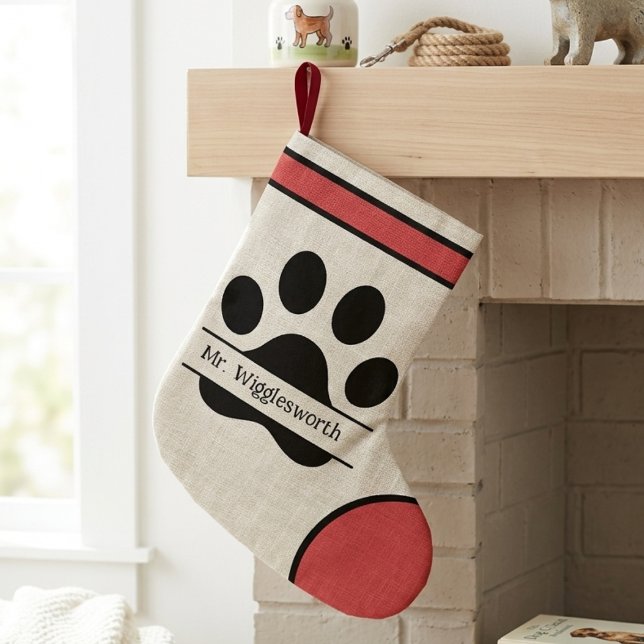 Grande Chaussette De Noël Modern Paw Print Red and Black Name (Modern paw print design for the pet lover — perfect Christmas gift idea for your dog or cat.)