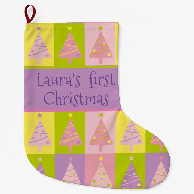 Grande Chaussette De Noël Mon premier Noël rose pourpre arbres sur mesure (Devant)