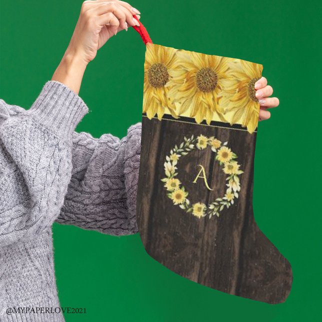 Grande Chaussette De Noël Monogramme de tournesol jaune brillant en bois rus (Créateur téléchargé)