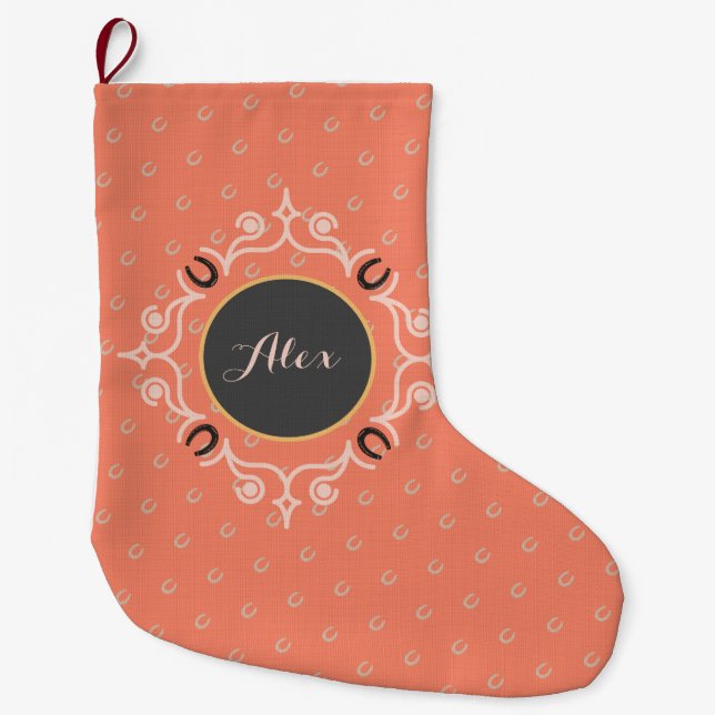 Grande Chaussette De Noël Monogramme équestre Lucky Horseshoe Motif (Devant)