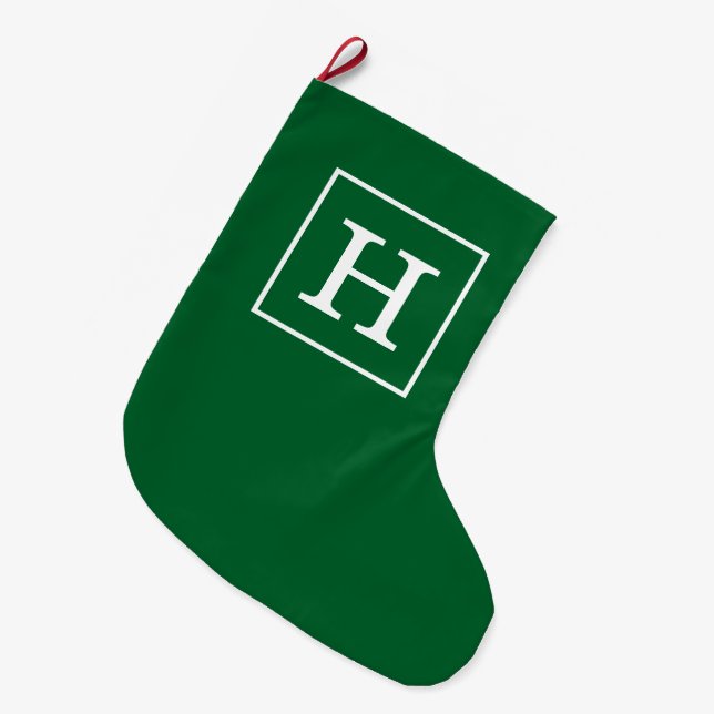 Grande Chaussette De Noël Monogramme initial encadré blanc vert de forêt (Devant (Accrochage))