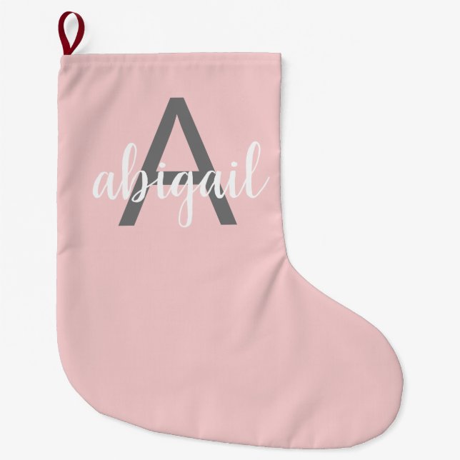 Grande Chaussette De Noël Monogramme moderne rose pâle (Devant)