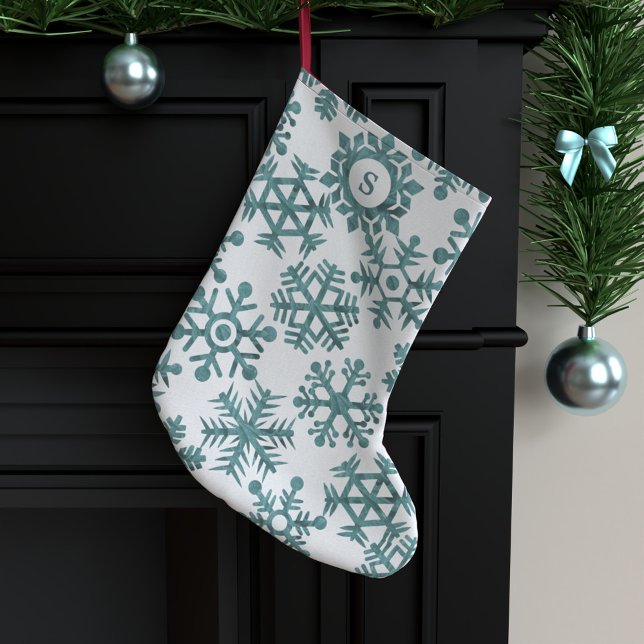 Grande Chaussette De Noël Monogramme turquoise de Motif de flocon de neige (Retro snowflake pattern stocking with space for your initial)