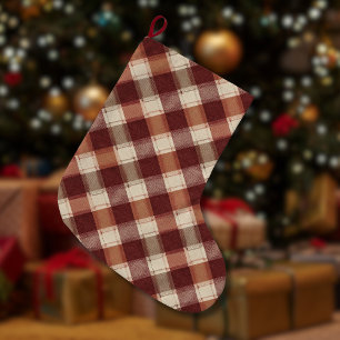 Grande Chaussette De Noël Motif à carreaux rouge orangé et crème rustique