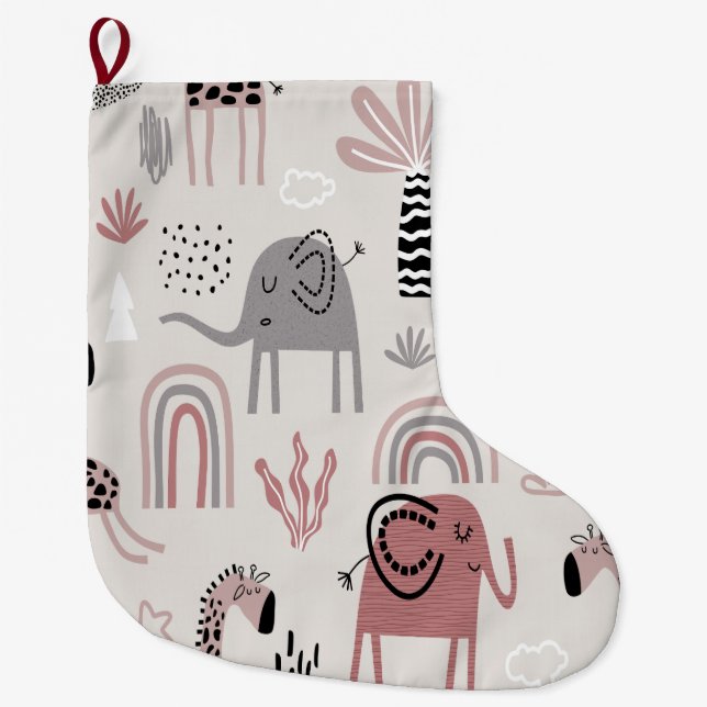 Grande Chaussette De Noël motif avec de mignons éléphants et girafes géant (Devant)