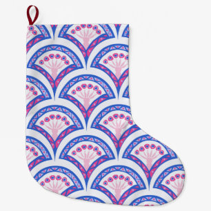 Grande Chaussette De Noël motif damassé floral bleu