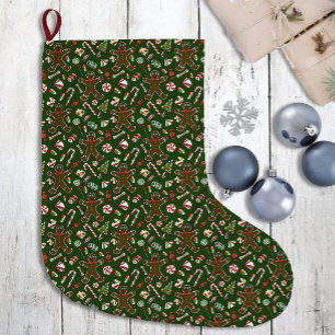 Grande Chaussette De Noël Motif de bonbon en pain d'épices festif vert ludiq