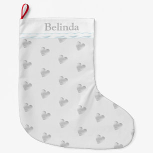 Grande Chaussette De Noël Motif de cœur argenté élégant