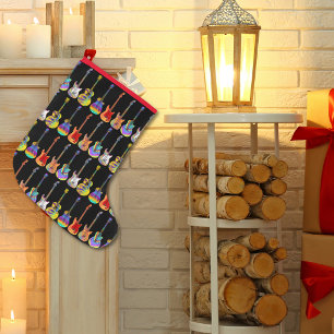 Grande Chaussette De Noël Motif de guitare coloré sur noir