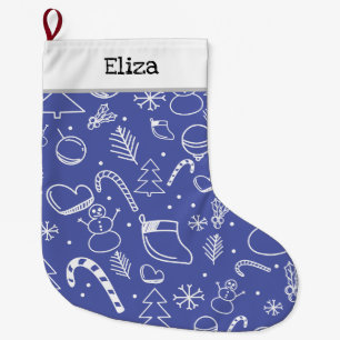 Grande Chaussette De Noël Motif de Noël Blue Doodle - Amusant et Festif 