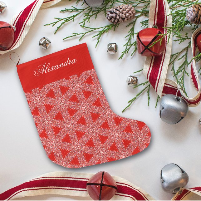 Grande Chaussette De Noël Motif de Noël Red Snowflakes Personnalisé (Créateur téléchargé)