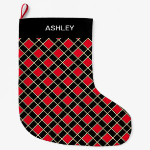Grande Chaussette De Noël Motif diamant noir et rouge élégant