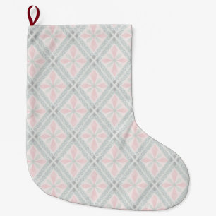 Grande Chaussette De Noël Motif diamant pastel vert et rose
