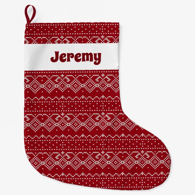 Grande Chaussette De Noël Motif scandinave rouge et blanc (Devant)