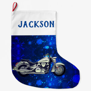 Grande Chaussette De Noël Moto noir et argent et neige