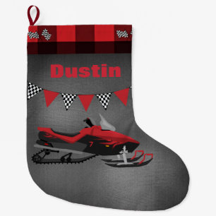 Grande Chaussette De Noël Motoneige avec drapeaux à damier