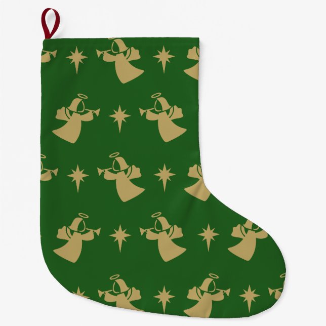 Grande Chaussette De Noël Noël Angel Nativité Star Green Gold (Devant)