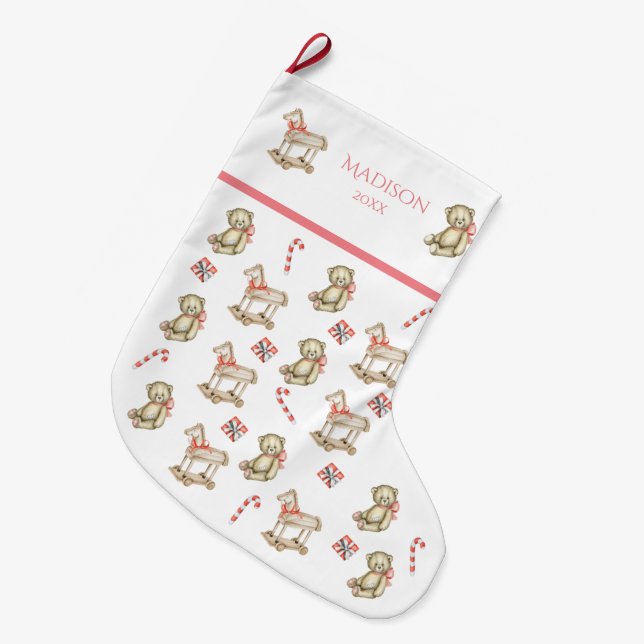 Grande Chaussette De Noël Noël Aquarelle Nom Pour Son Année Rose (Devant (Accrochage))