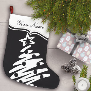 Grande Chaussette De Noël Noël Arbre Noir Blanc Moderne