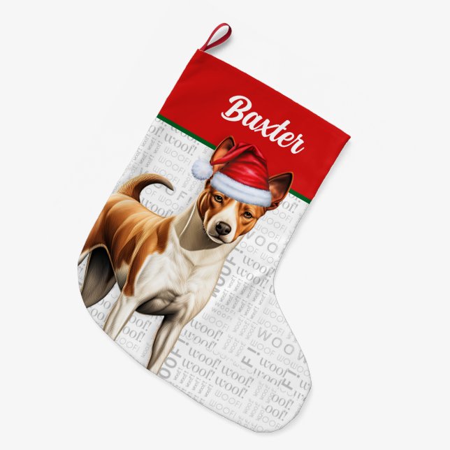 Grande Chaussette De Noël Noël Basenji Nom du chien Woof (Devant (Accrochage))