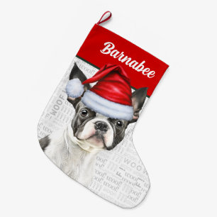Grande Chaussette De Noël Noël Boston Terrier Nom Woof Arrière - plan