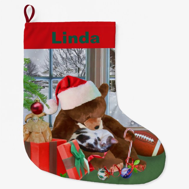 Grande Chaussette De Noël Noël, Chat Dormant, Ours Teddy, Nom (Devant)