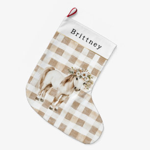 Grande Chaussette De Noël Noël Cheval Floral Rayures Carreaux Blanc Crème