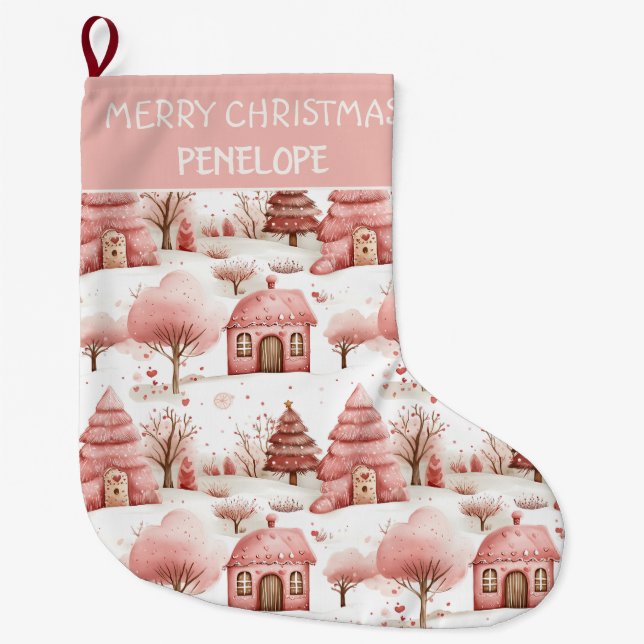 Grande Chaussette De Noël Noël d'hiver rose blanc mignon (Devant)