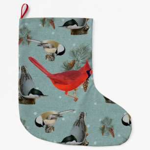 Grande Chaussette De Noël Noël Oiseau Cardinal Nuthatch Chickadee Neige