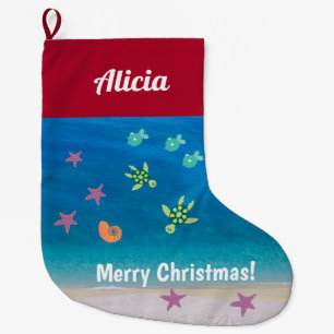 Grande Chaussette De Noël Noël plage tropical océan étoile de mer tortues