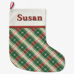 Grande Chaussette De Noël Noël Plaid Vert, Blanc, Or