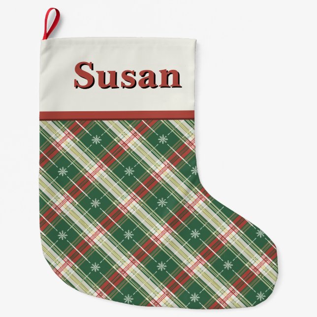 Grande Chaussette De Noël Noël Plaid Vert, Blanc, Or (Devant)
