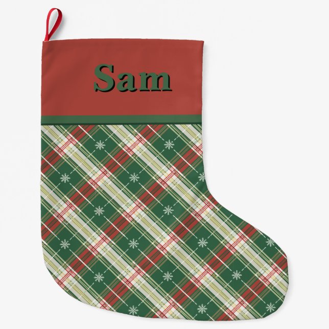 Grande Chaussette De Noël Noël Plaid vert et blanc (Devant)
