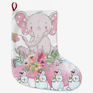 Grande Chaussette De Noël Noël Stocker, Eléphant Floral Snowman rose