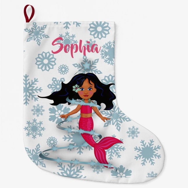 Grande Chaussette De Noël Noëlle de sirène Nom mignonne Blanc (Devant)