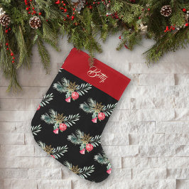 Grande Chaussette De Noël Nom Aquarelle Foliage Vert Rouge Bell Nordic