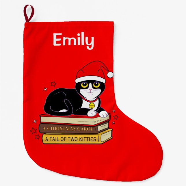 Grande Chaussette De Noël Nom de livres de Bell de chat de Noël de smoking (Devant)