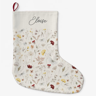 Grande Chaussette De Noël Nom de script Boho Wildflower Noël