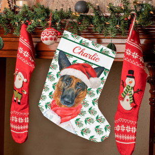 Grande Chaussette De Noël Nom du Berger Allemand Aquarelle 