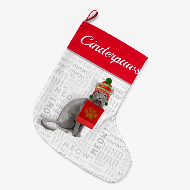 Grande Chaussette De Noël Nom du chat Russian Blue Chat Noël (Devant (Accrochage))